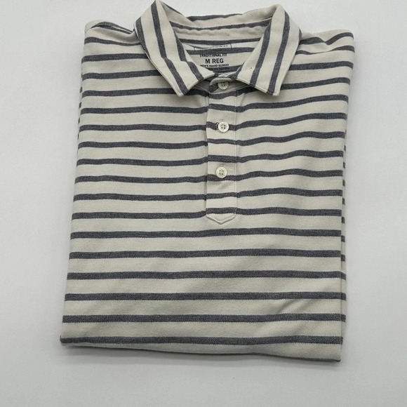 Men’s LL Bean Traditional Fit white blue Stripe Polo Medium - Picture 1 of 7